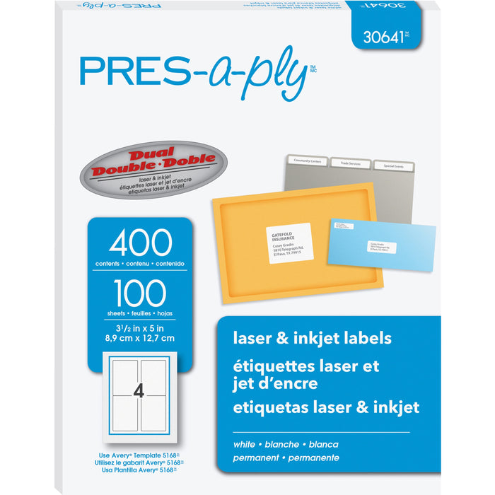 PRES-a-ply White Labels, 3-1/2" x 5" , Permanent-Adhesive, 4-up, 400 labels - AVE30641