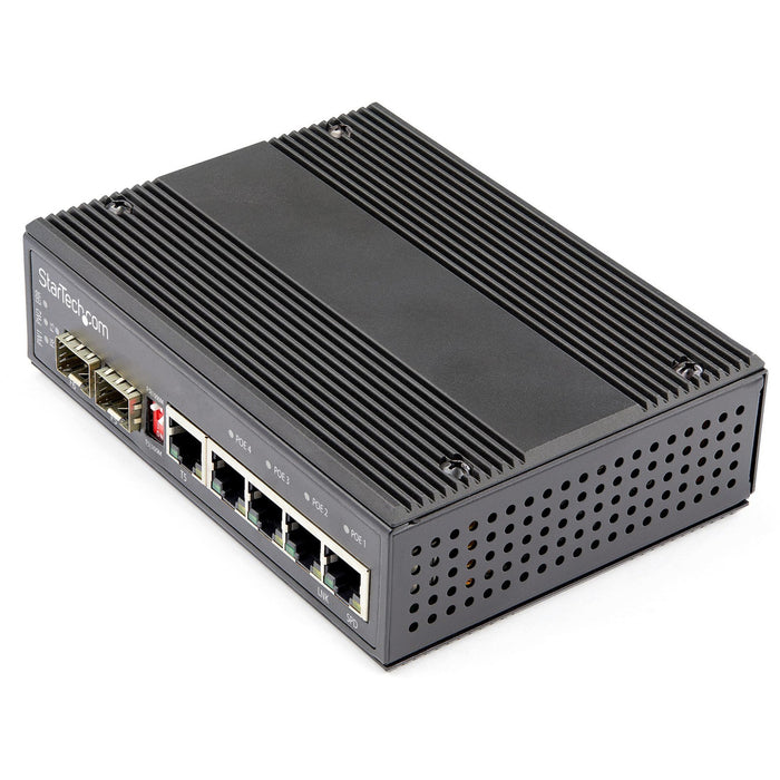 StarTech.com Industrial 6 Port Gigabit Ethernet Switch w/4 PoE RJ45 +2 SFP Slots 30W 802.3at PoE+ 12-48VDC 10/100/1000 Mbps -40C to 75C - STCIES1G52UP12V