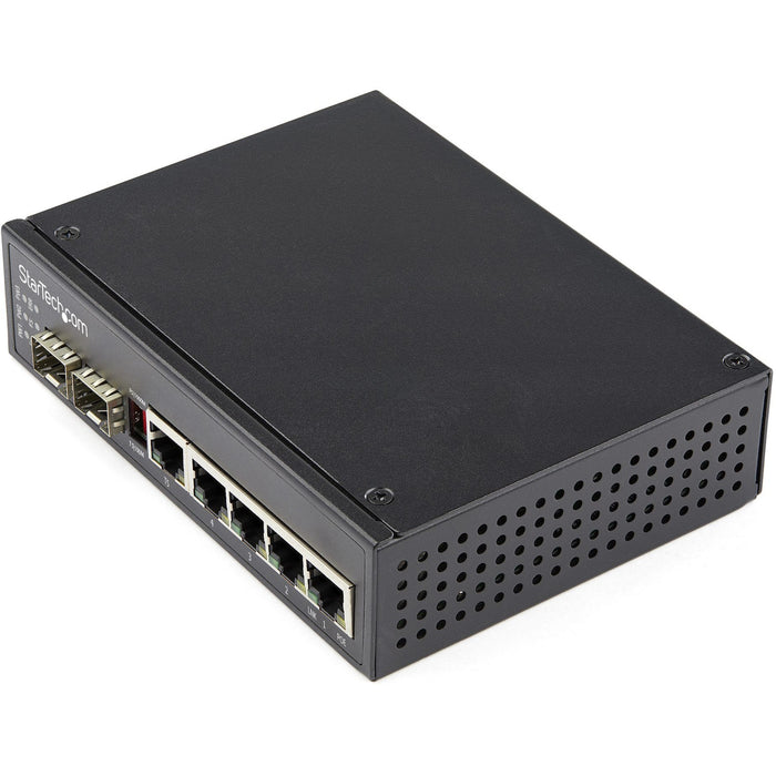 StarTech.com Industrial 6 Port Gigabit Ethernet Switch 4 PoE RJ45 +2 SFP Slots 30W PoE+ 48VDC 10/100/1000 Mbps -40C to 75C w/DIN Connector - STCIES1G52UPDIN