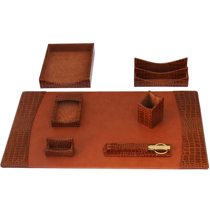 Protacini Cognac Brown Italian Patent Leather 7-Piece Desk Set - DACD6104