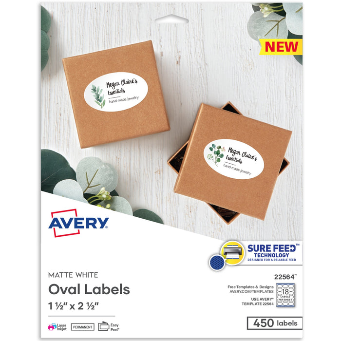 Avery&reg; Easy Peel Oval Labels, 22564, 2-1/2&quot;W x 1-1/2&quot;D, White, Pack Of 450 - AVE22564