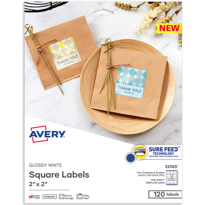 Avery&reg; Printable Square Labels, 22565, 2&rdquo;W x 2&rdquo;D, Glossy White, Pack Of 120 Labels - AVE22565