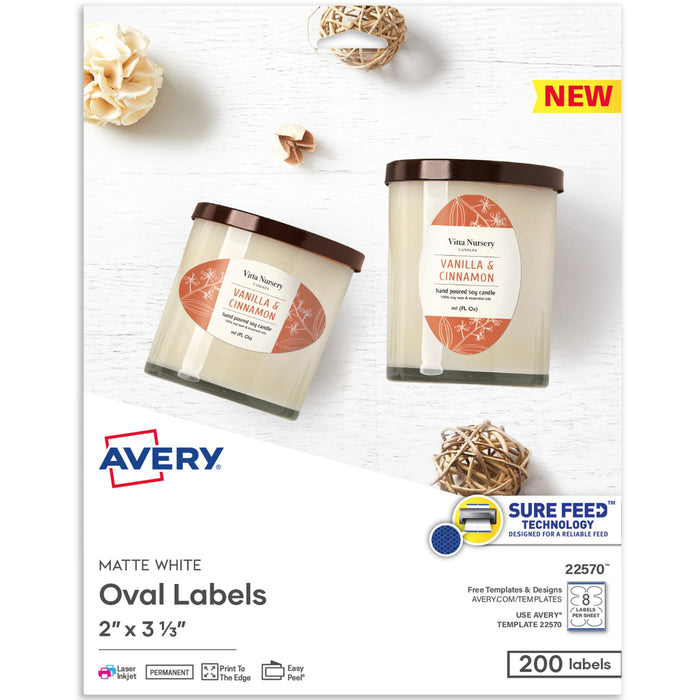 Avery&reg; Printable Blank Oval Labels, 22570, 3-5/16&rdquo;W x 3&rdquo;D, White, Pack Of 200 Labels - AVE22570