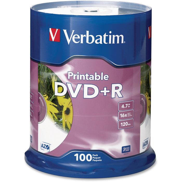 Verbatim DVD+R 4.7GB 16X White Inkjet Printable - 100pk Spindle - VER95145