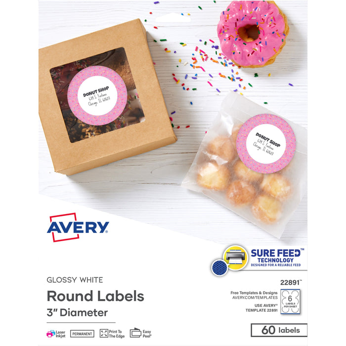 Avery&reg; Glossy White Labels, 3" Round, 60 Labels (22891) - AVE22891