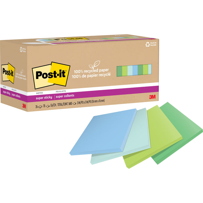 Post-it&reg; Recycled Super Sticky Notes - MMM654R24SSTCP