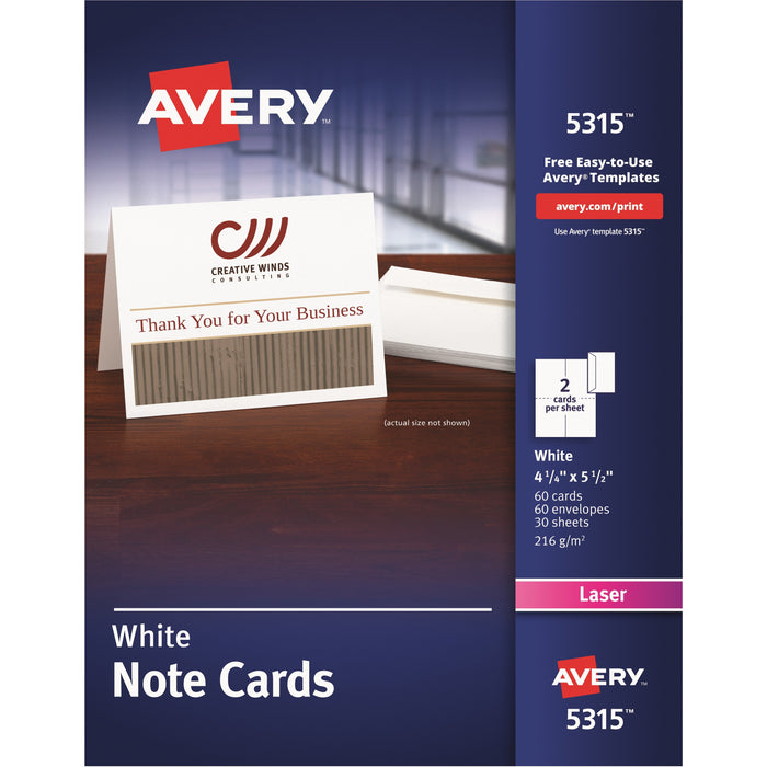 Avery&reg; Printable Note Cards, Two-Sided Printing, 4-1/4" x 5-1/2" , 60 Cards (5315) - AVE5315
