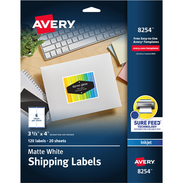 Avery&reg; White Shipping Labels, Sure Feed(R), 3-1/3" x 4" , 120 Labels (8254) - AVE8254