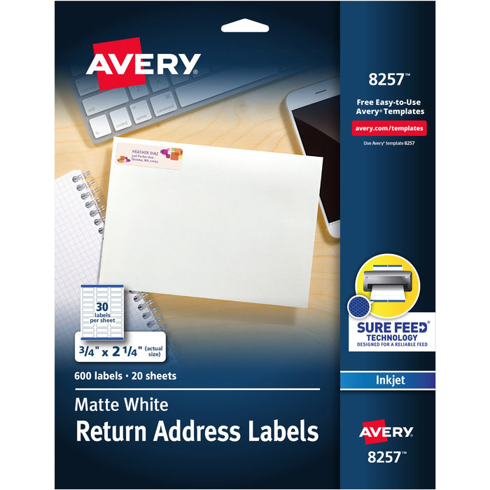 Avery&reg; White Return Address Labels, Sure Feed(R), 3/4" x 2-1/4" , 600 Labels (8257) - AVE8257