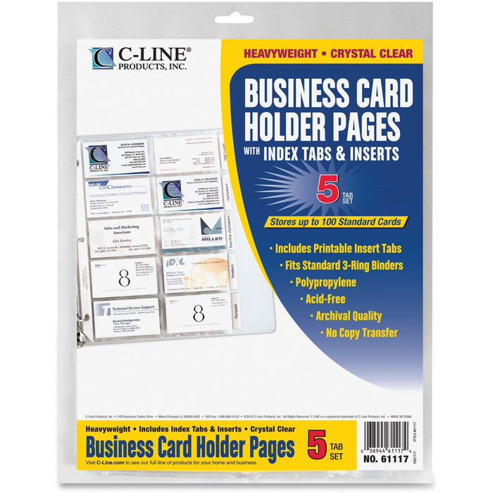 C-Line Business Card Holder Pages with Index Tabs for Ring Binders, Poly - CLI61117