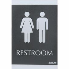 Headline Signs ADA RESTROOM Sign - Print/Message "Restroom" - 6" Width x 9" Depth - Rectangular Shape - Silver Print/Message Color - Adhesive Backing, Durable, Pictogram, Self-adhesive, Braille - Plastic - Black, Gray - 1 Each