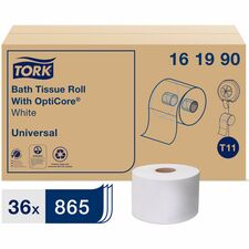 TORK Universal Bath Tissue Roll with OptiCore - 2 Ply - 3.80" Width x 288.30 ft Length - 865 Sheets/Roll - 5.60" Roll Diameter - 1 45/64" Core - White - Paper - 36 / Carton