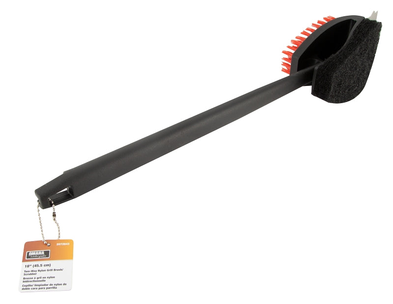 Omaha BBQ1006 Grill Brush with Scraper, 3-1/8 in L Brush, 3 in W Brush, Nylon Bristle, Red Bristle, 3-1/2 in L Trim