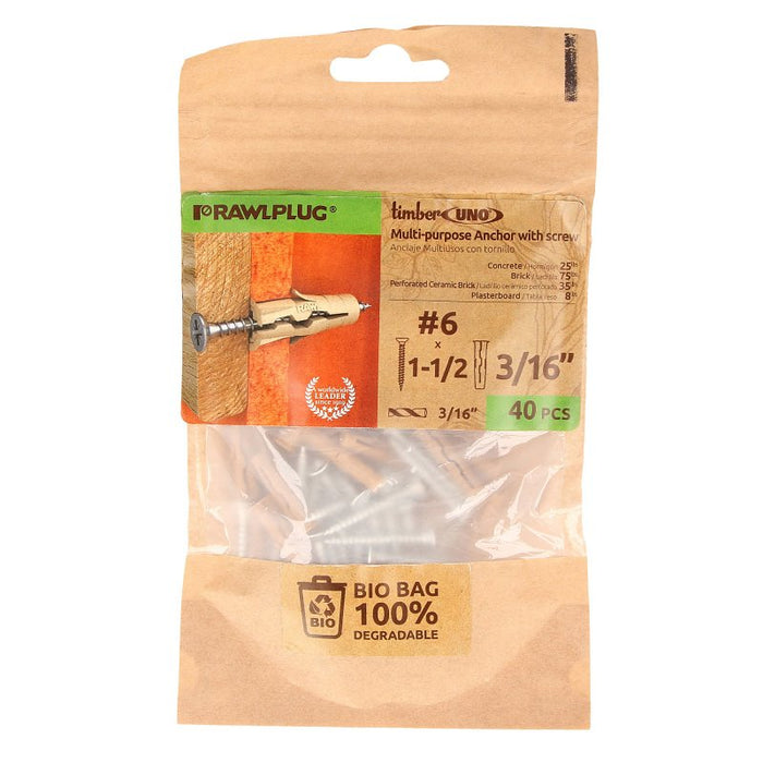 Rawlplug UNO Series R-BIO-UNOT3/16+6- Drywall Anchor, 24 mm L, Polypropylene/Recycled Timber, 15 to 120 lb