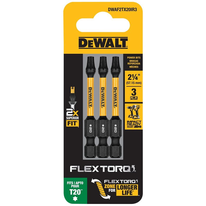 DEWALT FlexTorq DWAF2TX20IR3 Impact Screwdriver Bit, T20 Drive, Torx Drive, 1/4 in Shank, Hex Shank, 2-1/4 in L, Steel