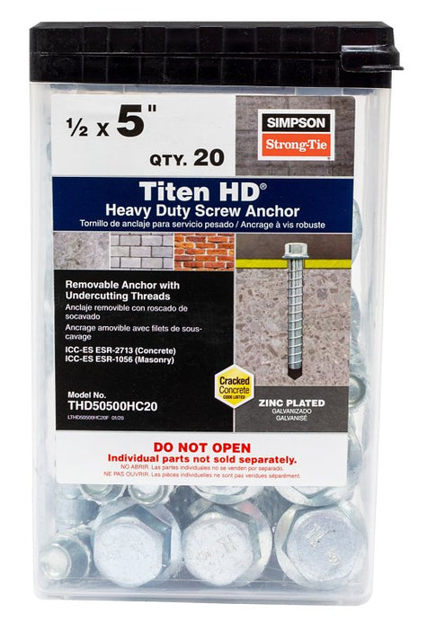 Simpson Strong-Tie Titen HD THD50500HC20 Heavy-Duty Screw Anchor, 1/2 in Dia, 5 in L, Carbon Steel, Zinc Plated