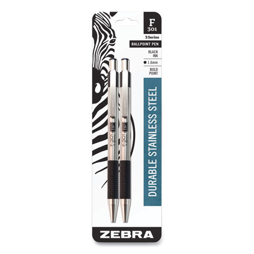 Zebra F-301 Ballpoint Pen, Retractable, Bold 1.6 mm, Black Ink, Stainless Steel/Black Barrel, 2/Pack - NATIONAL BRANDS W/FREIGHT ZEB27312