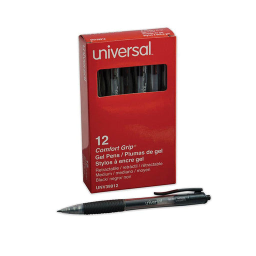 Universal Comfort Grip Gel Pen, Retractable, Medium 0.7 mm, Black Ink, Clear/Black Barrel, Dozen - DS UNV39912