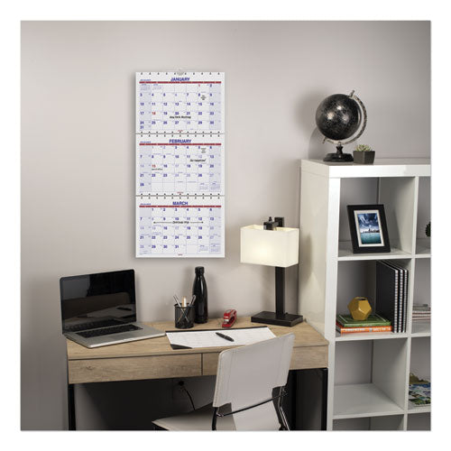 Move-a-page Three-month Wall Calendar, 12 X 27, White/red/blue Sheets, 15-month: Dec 2024 To Feb 2026