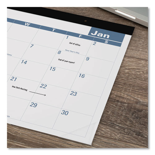 Easy-to-read Monthly Desk Pad, 22 X 17, White/blue Sheets, Black Binding, Clear Corners, 12-month (jan To Dec): 2025