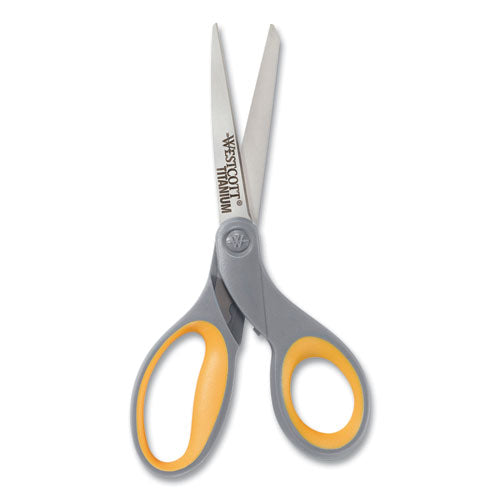 Titanium Bonded Scissors, 8" Long, 3.5" Cut Length, Straight Gray/yellow Handle