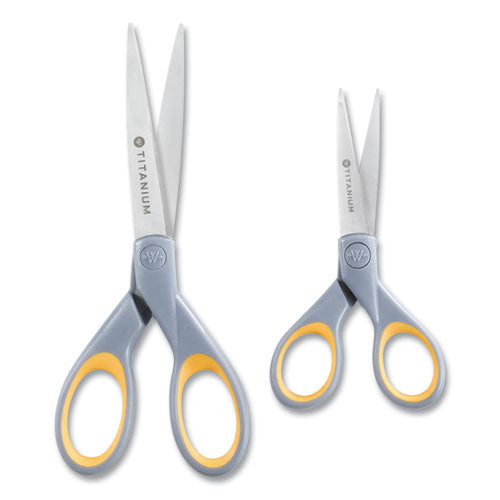 Titanium Bonded Scissors, 5" And 7" Long, 2.25" And 3.5" Cut Length, Straight Gray/yellow Handle, 2/pack