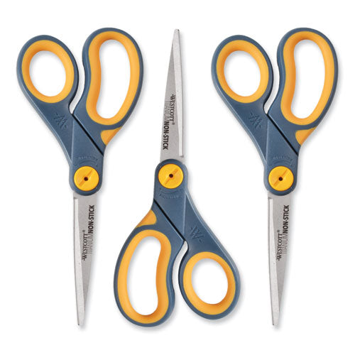 Non-stick Titanium Bonded Scissors, 8" Long, 3.25" Cut Length, Straight Gray/yellow Handle, 3/pack