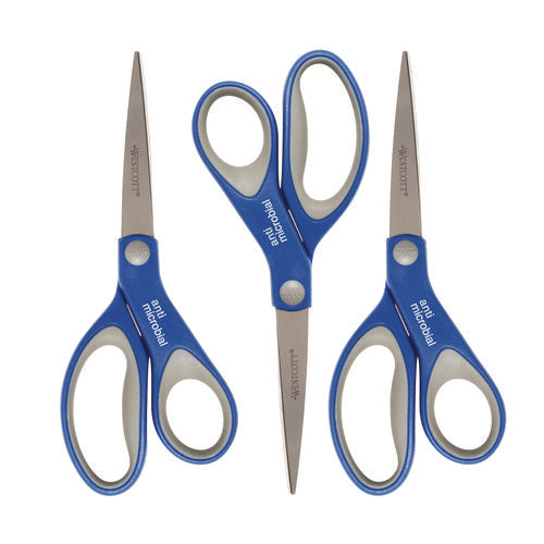 Scissors With Antimicrobial Protection, 8" Long, 3.25" Cut Length, Straight Blue/gray Handle, 3/pack