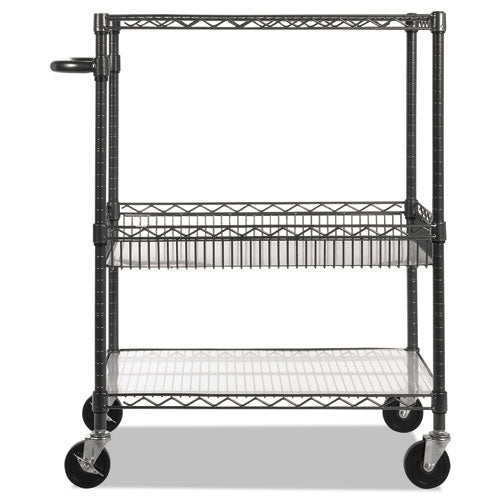 Three-tier Wire Cart With Basket, Metal, 2 Shelves, 1 Bin, 500 Lb Capacity, 34" X 18" X 40", Black Anthracite