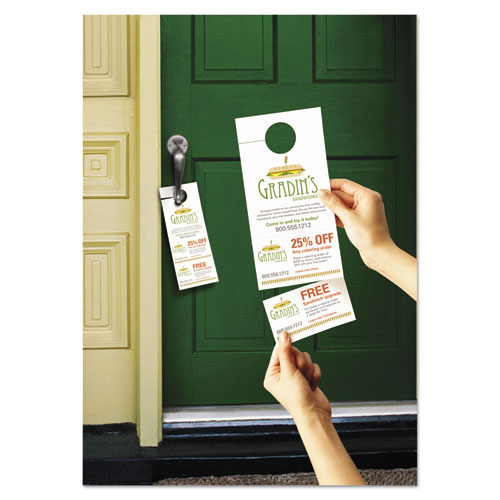 Door Hanger With Tear-away Cards, 97 Bright, 65 Lb Cover Weight, 4.25 X 11, White, 2 Hangers/sheet, 40 Sheets/pack