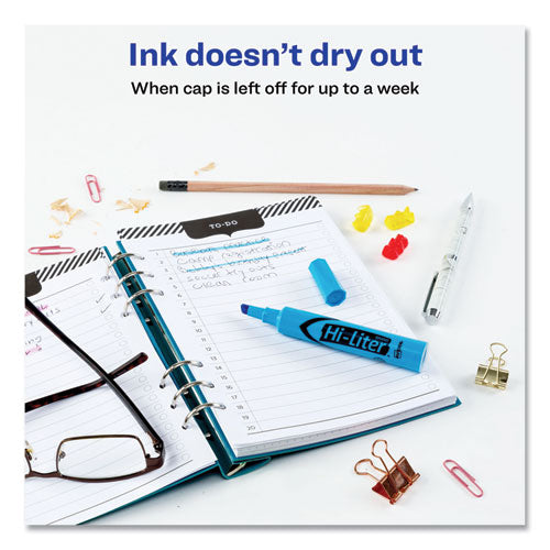 Hi-liter Desk-style Highlighters, Fluorescent Blue Ink, Chisel Tip, Blue/black Barrel, Dozen