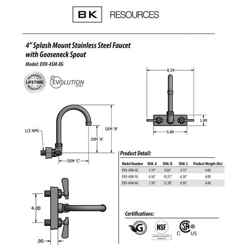 Evolution Splash Mount Stainless Steel Faucet, 12.38" Height/8" Reach, Stainless Steel