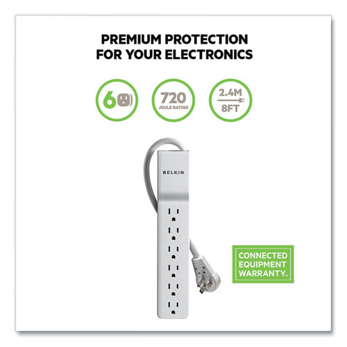 Home/office Surge Protector With Rotating Plug, 6 Ac Outlets, 8 Ft Cord, 720 J, White