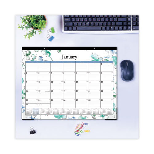 Lindley Desk Pad, Floral Artwork, 22 X 17, White/blue/green Sheets, Black Binding, Clear Corners, 12-month (jan To Dec): 2025