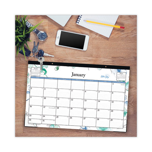 Lindley Desk Pad, Floral Artwork, 17 X 11, White/blue/green Sheets, Black Binding, Clear Corners, 12-month (jan To Dec): 2025