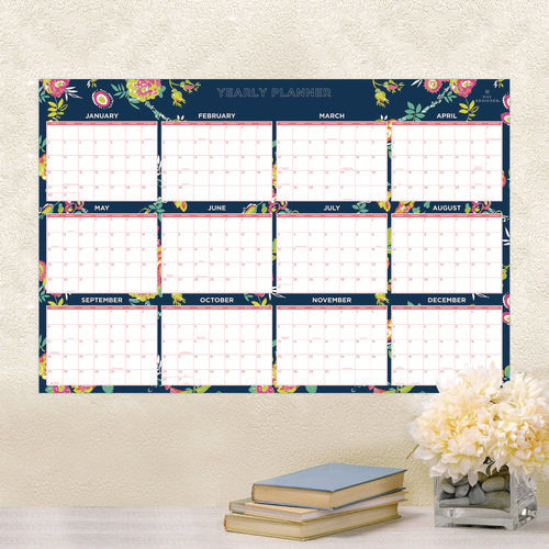 Day Designer Peyton Laminated Erasable Wall Calendar, Floral Artwork, 36 X 24, White/navy Sheets, 12-month (jan To Dec): 2025