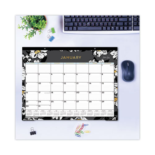 Baccara Dark Desk Pad, Floral Artwork, 22 X 17, White/black/gold Sheets, Black Binding, 12-month (jan To Dec): 2025