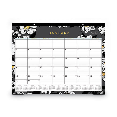 Baccara Dark Desk Pad, Floral Artwork, 22 X 17, White/black/gold Sheets, Black Binding, 12-month (jan To Dec): 2025