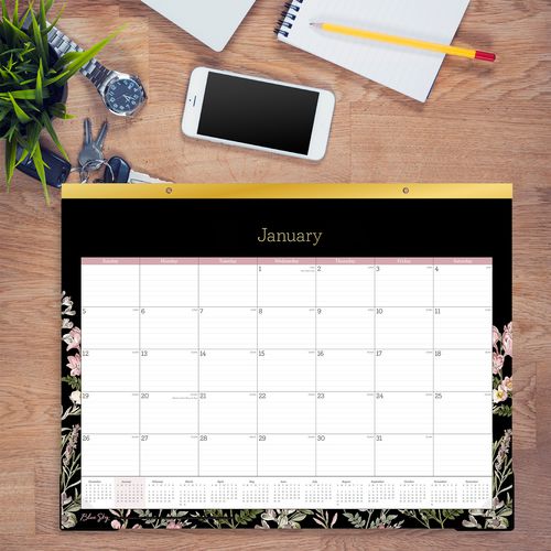 Neveah Monthly Desk Pad Calendar, Floral Artwork, 22" X 17", White/black/pink Sheets, Gold Headband, 12-month (jan-dec): 2025