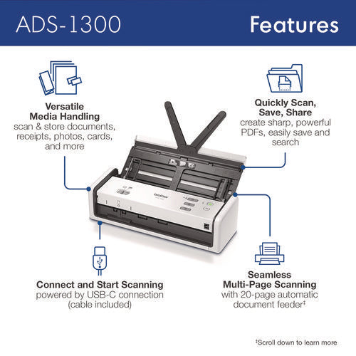 Ads-1300 Compact Desktop Scanner, 600 Dpi X 600 Dpi Optical Resolution, 20-sheet Duplex Auto Document Feeder