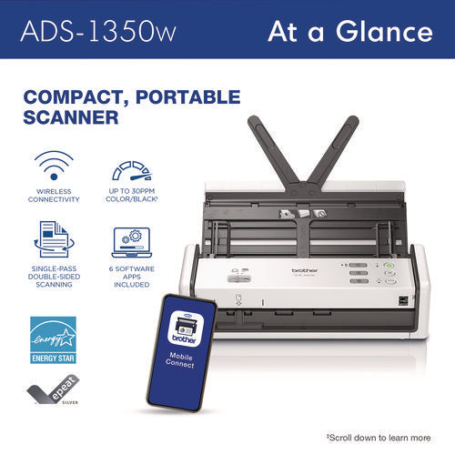 Ads-1350w Compact Desktop Scanner, 600 Dpi X 600 Dpi Optical Resolution, 20-sheet Duplex Auto Document Feeder