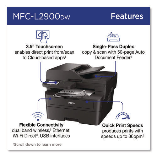 Wireless Mfc-l2900dw Compact Monochrome Aio Laser Printer, Copy/fax/print/scan