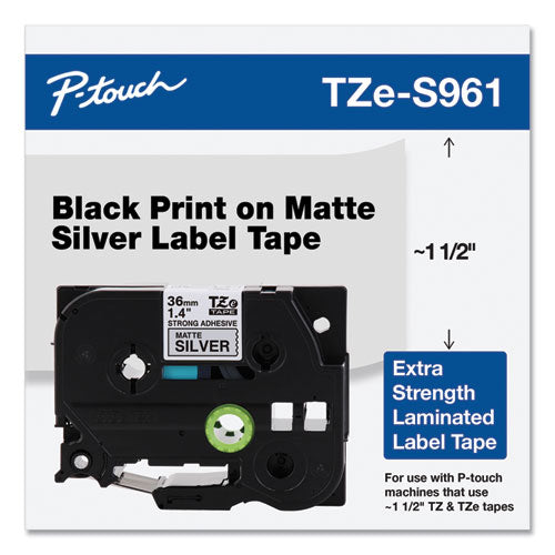 Tz Extra-strength Adhesive Laminated Labeling Tape, 1.4" X 26.2 Ft, Black On Matte Silver