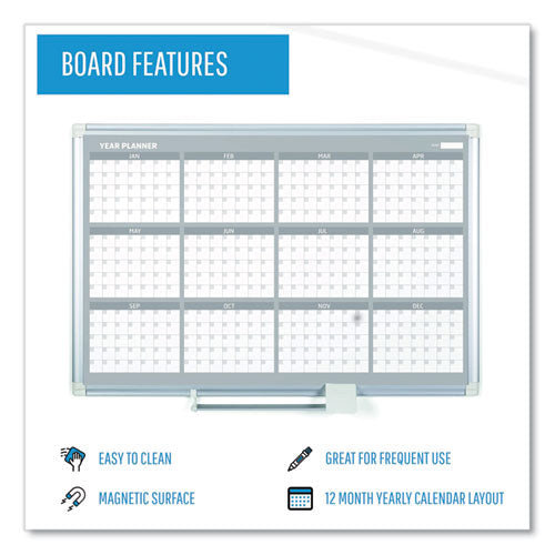 Magnetic Dry Erase Calendar Board, 12-month Planning/scheduling, 48" X 36", White Surface, Satin Aluminum Frame