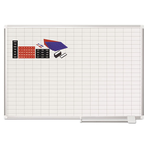 Gridded Magnetic Steel Dry Erase Project Planning Board, 1" X 2" Cells, 48" X 36", White Surface, Satin Aluminum Frame