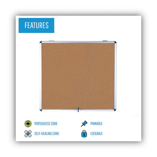 Slim-line Enclosed Cork Bulletin Board With One Door, 47" X 38", Tan Surface, Satin Aluminum Frame