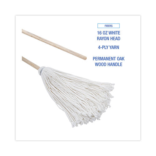 Handle/deck Mops, #16 White Rayon Head, 48" Natural Wood Handle