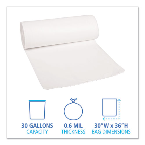 Low-density Waste Can Liners, 30 Gal, 0.6 Mil, 30" X 36", White, Perforated Roll, 25 Bags/roll, 8 Rolls/carton