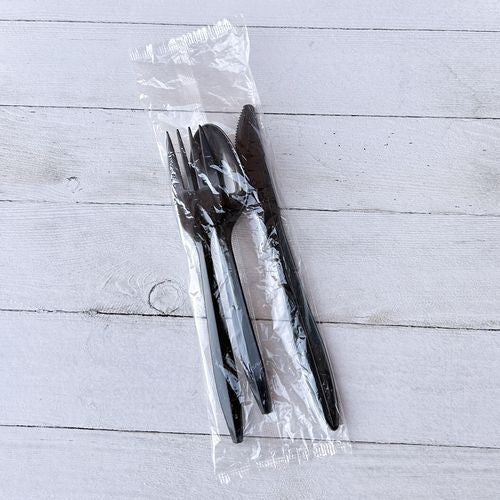 Three-piece Cutlery Kit, Fork/knife/teaspoon, Polypropylene, Black, 250/carton