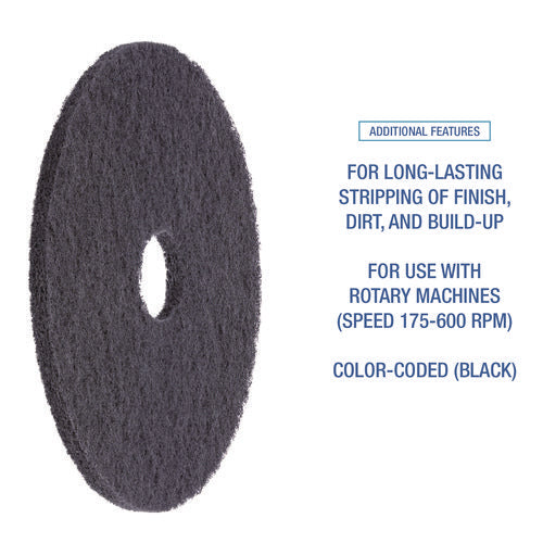 Stripping Floor Pads, 12" Diameter, Black, 5/carton